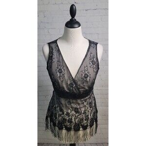 Fave Sleeveless Black Lace Overlay  Fringe Sequins V Neck No Size Tag Whimsygoth